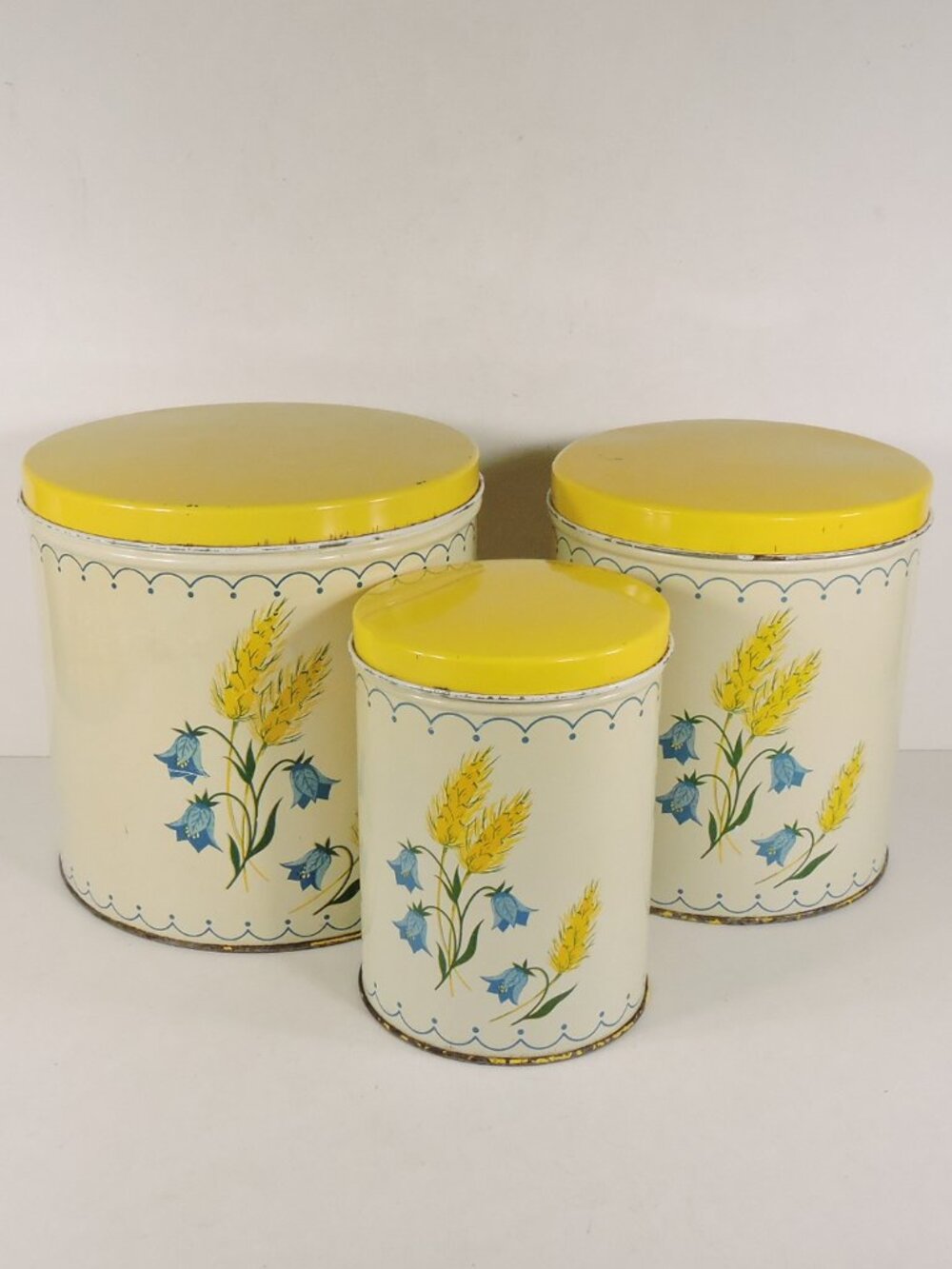 Set Of 3 Vintage Metal Canisters - Blue Bell Flower - 1950's Decor